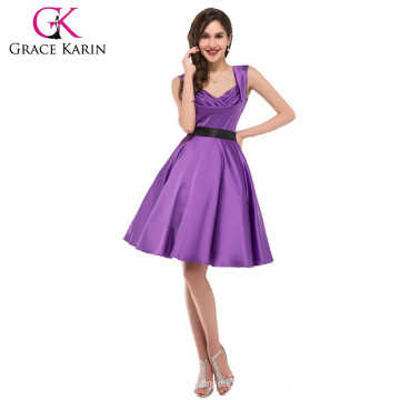 Grace Karin sin mangas con cuello en V rojo satinado 50s estilo vestido púrpura CL006030-5